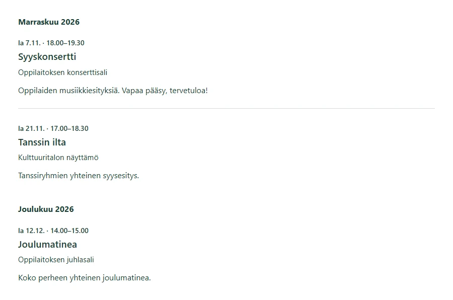 Tapahtumalisäosan pelkistetty kuukausilista: konsertti, tanssiesitys ja joulumatinea ajankohtineen ja paikkoineen.